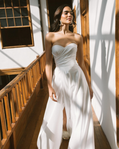 Brautkleid Vilda von vorne: Kleine, schmal fallende A-Linie, die durch ihre schlichte Eleganz besticht. Die Schnürung im Rücken fügt dem Kleid eine raffinierte Detailnote hinzu.
